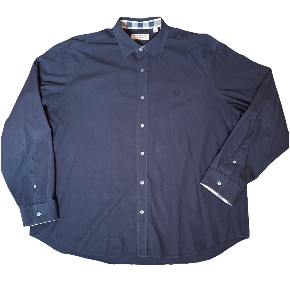 BURBERRY Men's Button Up Shirt XXL 2XL Black Cotton Classic Flip Cuffs (read)